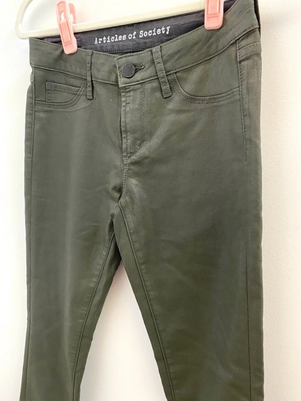 Articles of Society Olive Green Shiny Raw Hem Jeans Size 26